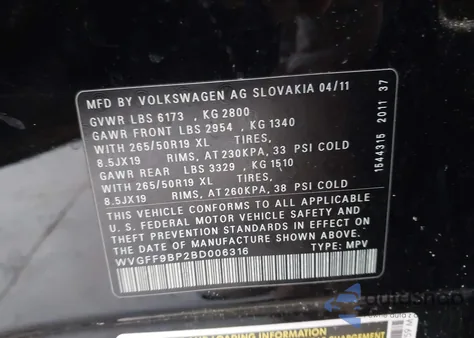 2011 Volkswagen Touareg Vr6 Lux z USA, uszkodzony, nr VIN WVGFF9BP2BD006316